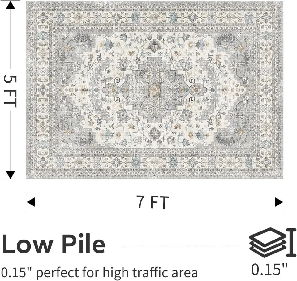 Washable 5x7 Vintage Area Rug Grey & Blue image indicator(2)