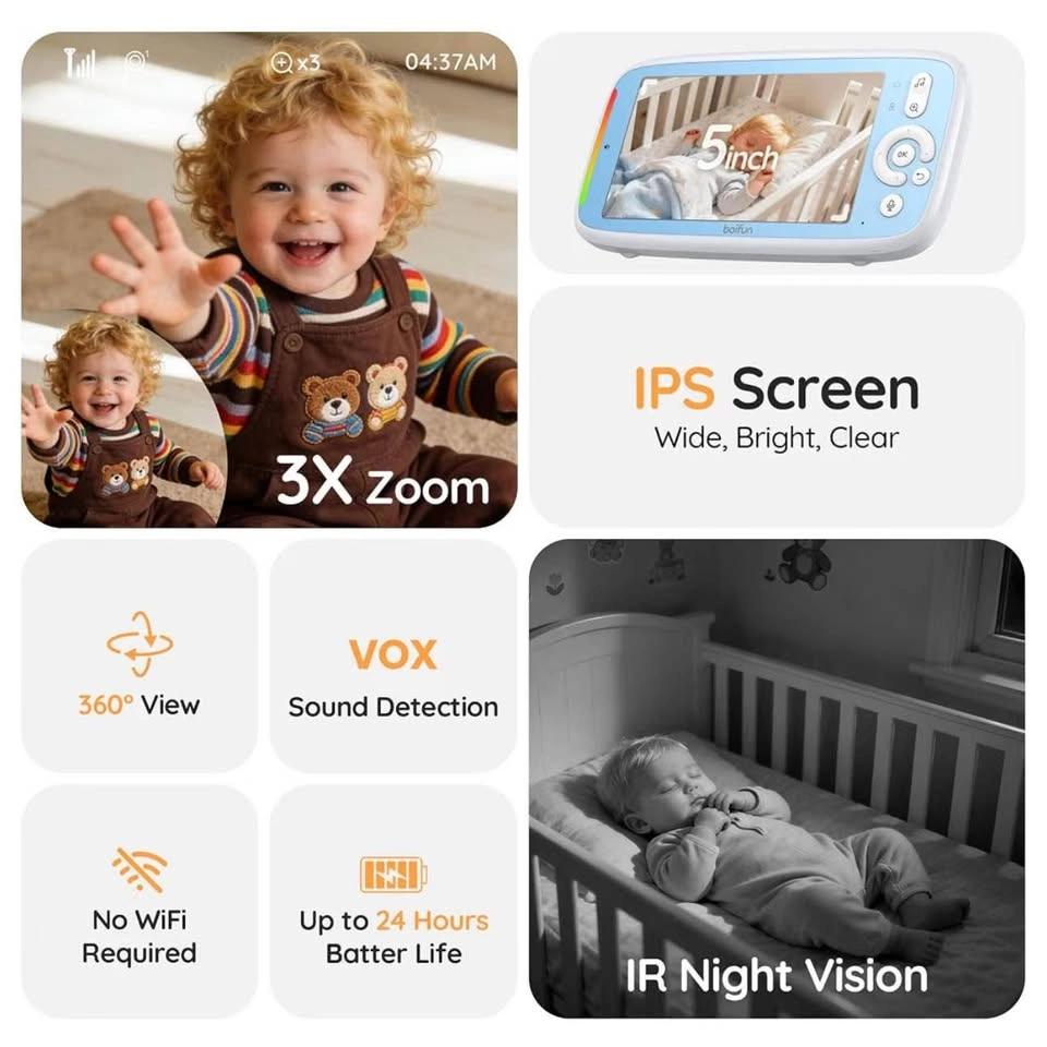 BOIFUN 5" No-WiFi Baby Monitor, 360° Camera, 720p Night Vision - photo 3