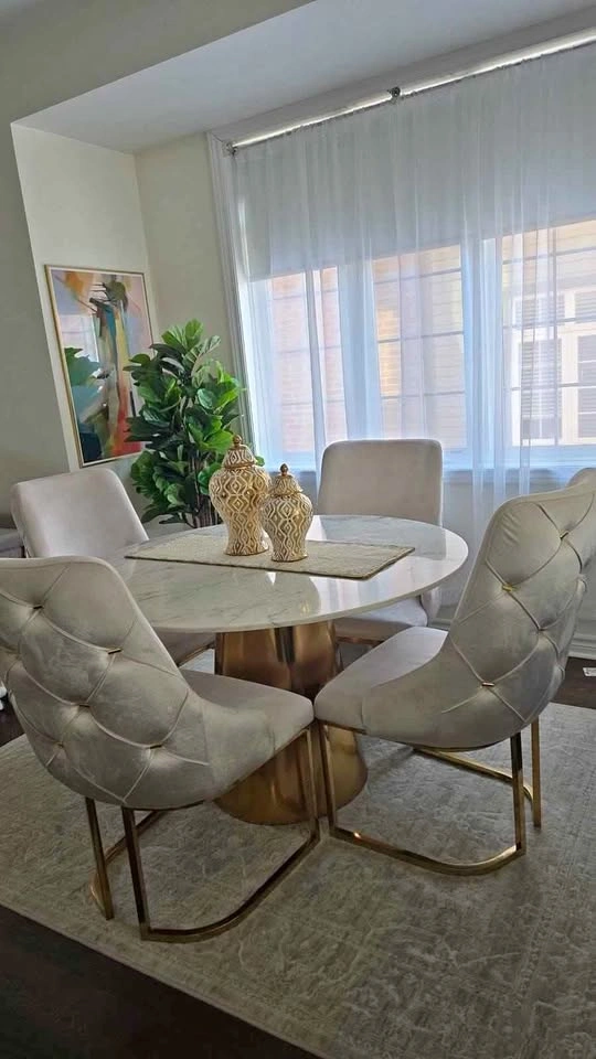 Round Gold Pedestal with White Marble Top Table and 4 Chairs