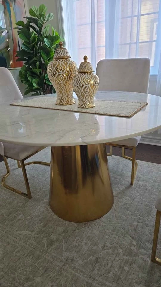 Round Gold Pedestal with White Marble Top Table and 4 Chairs - photo 2