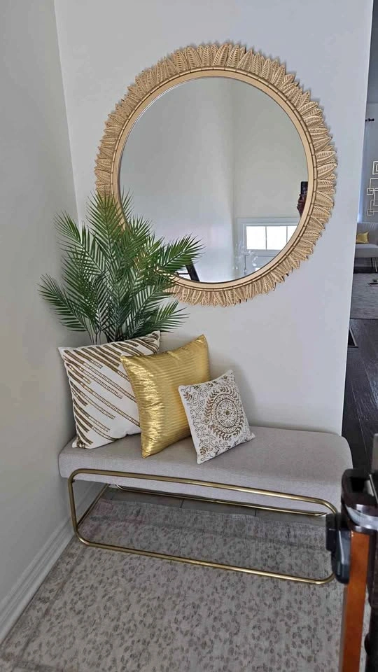 Gold and Beige Upholstered Bench with Sunburst Mirror and 3 Cush