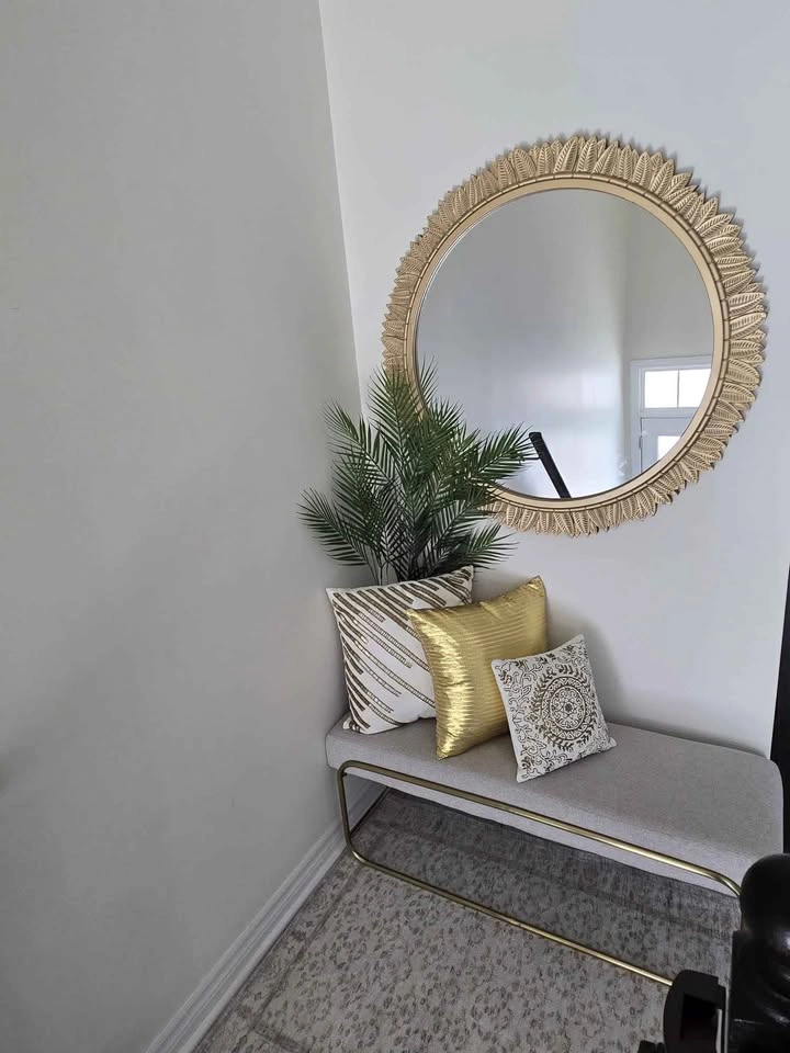 Gold and Beige Upholstered Bench with Sunburst Mirror and 3 Cush - photo 2