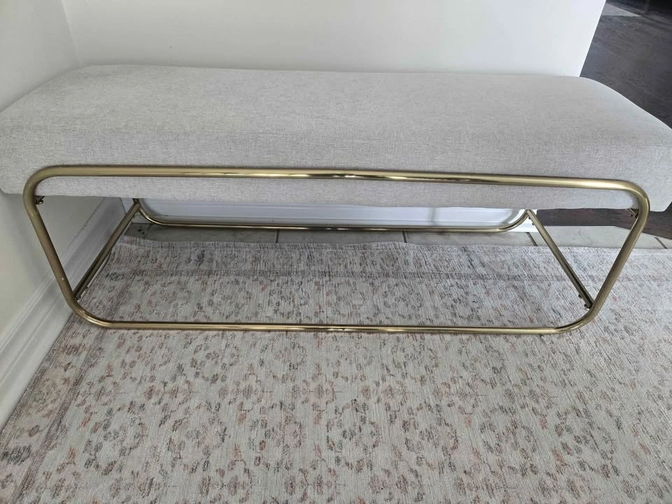 Gold and Beige Upholstered Bench with Sunburst Mirror and 3 Cush - photo 3