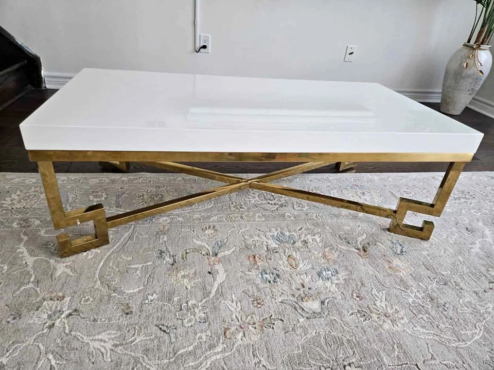 Rectangular White Coffee Table with Gold Metal Frame and Base