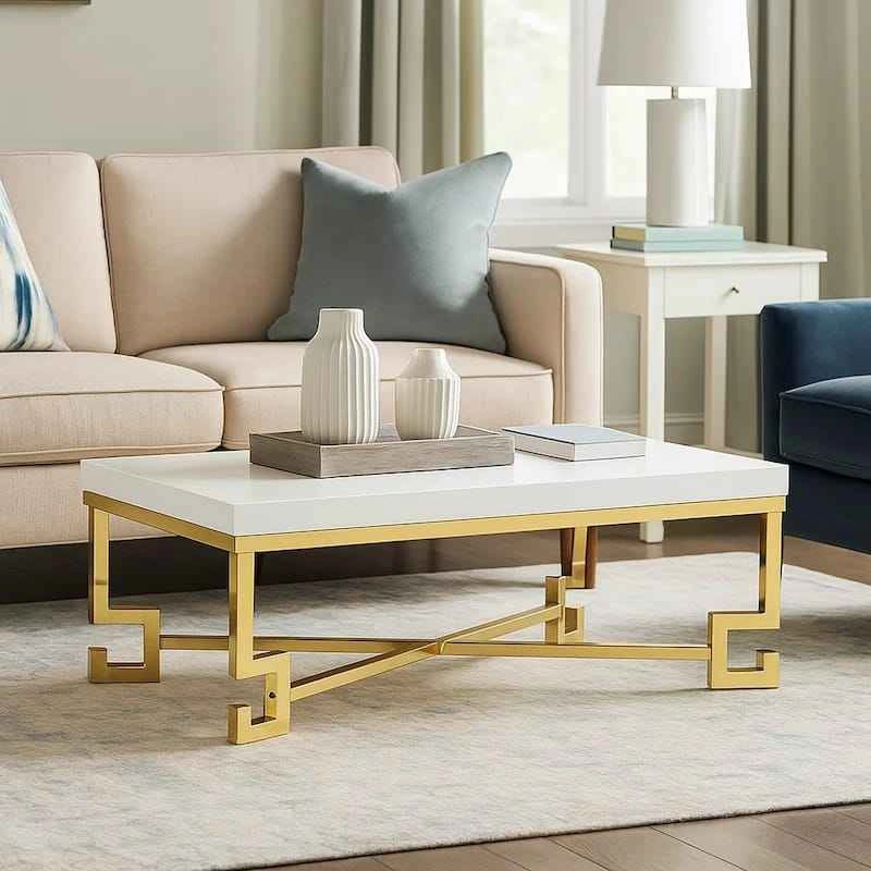 Rectangular White Coffee Table with Gold Metal Frame and Base - photo 2