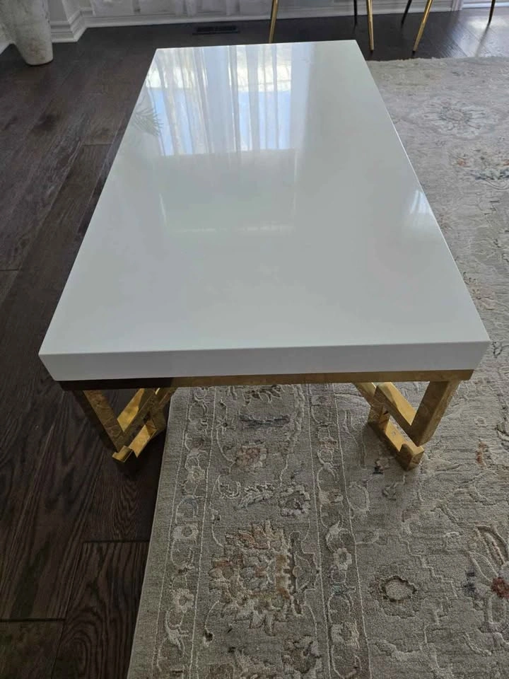 Rectangular White Coffee Table with Gold Metal Frame and Base - photo 3
