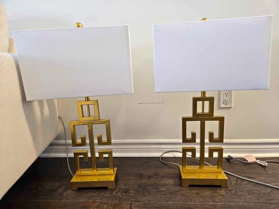 Set of 2 Gold Metal Lamps with White Rectangular Shade