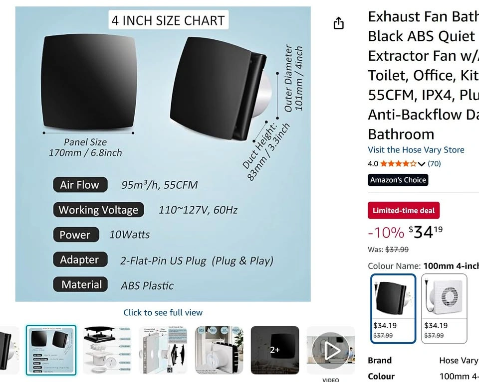 Exhaust Fan Bathroom Fan, 4-INCH 55CFM Black