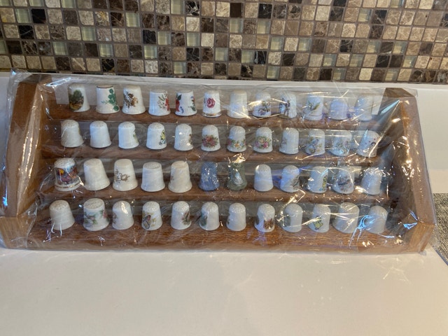 Vintage Porcelain Thimble Collection with Wood Display