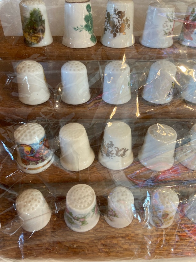 Vintage Porcelain Thimble Collection with Wood Display - photo 2