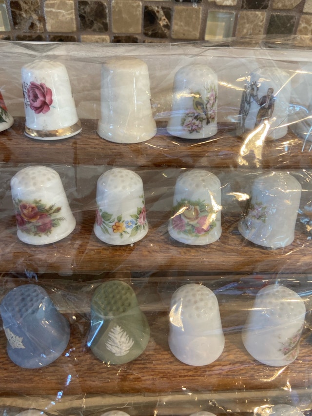 Vintage Porcelain Thimble Collection with Wood Display - photo 3