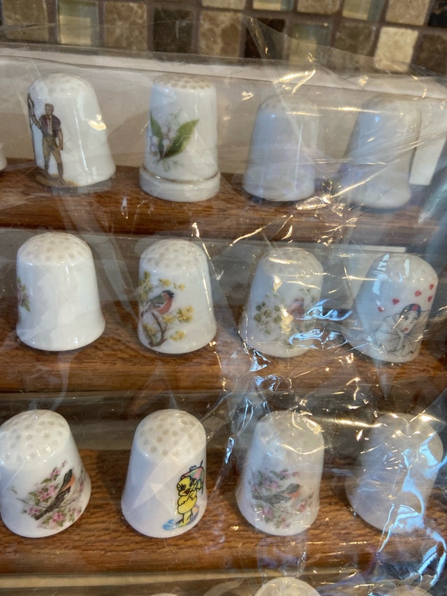 Vintage Porcelain Thimble Collection with Wood Display - photo 4