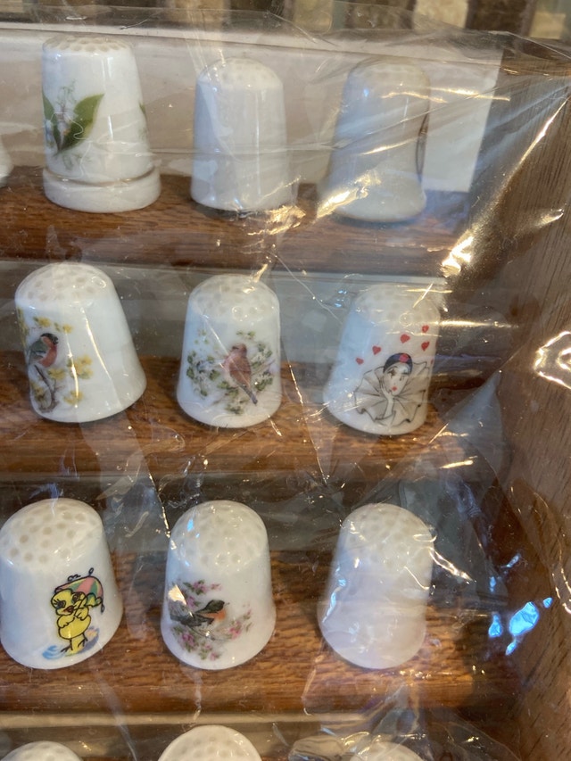 Vintage Porcelain Thimble Collection with Wood Display - photo 5