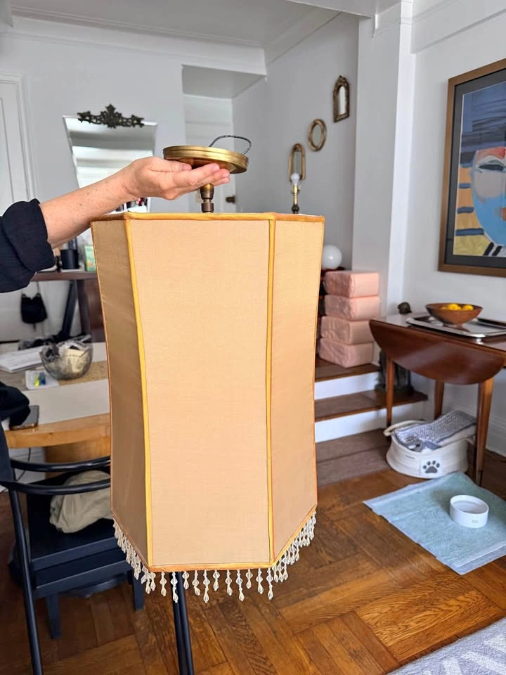 Custom Hexagonal Silk Fabric Ceiling Fixture Shade with Fringe