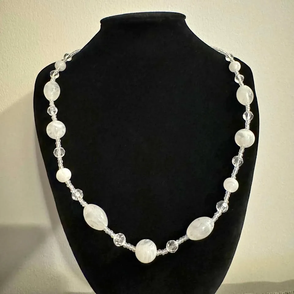 Long White Translucent Acrylic Beaded Necklace thumbnail