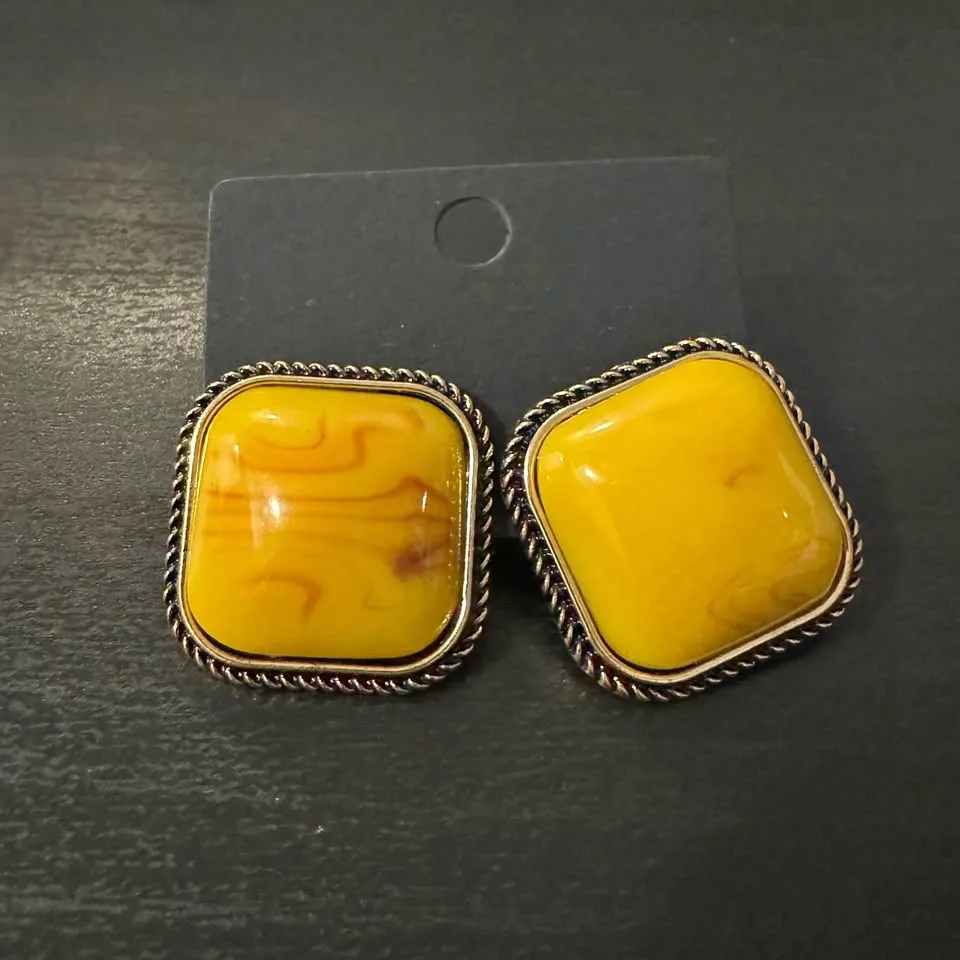 Retro Mustard Yellow Large Stud Earring Acrylic Art Deco thumbnail