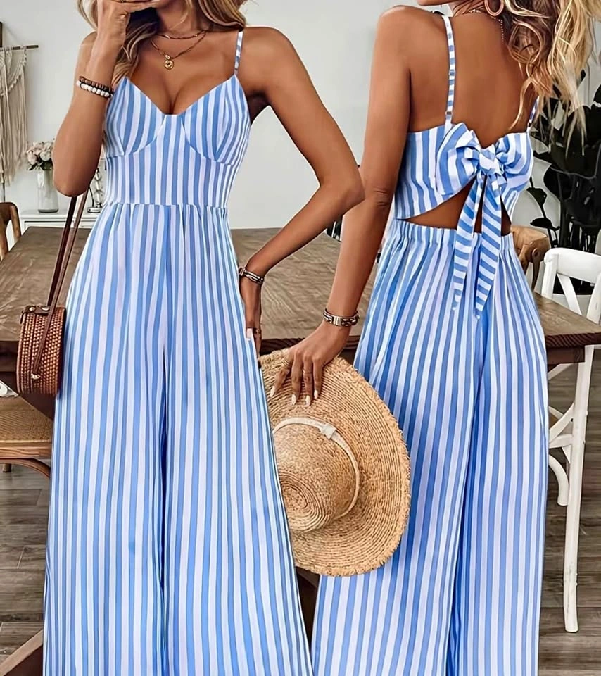 Brand New Blue and White Striped Wide-Leg Jumpsuit Size S