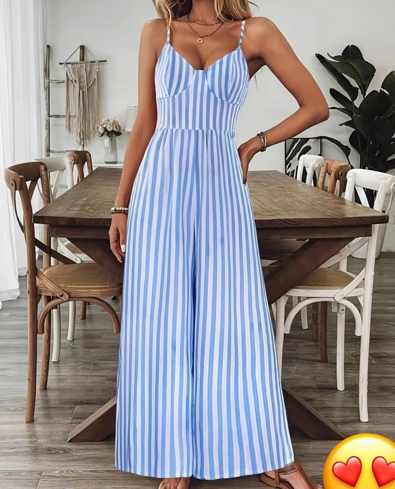 Brand New Blue and White Striped Wide-Leg Jumpsuit Size S - photo 2