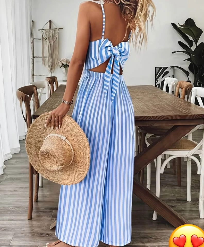 Brand New Blue and White Striped Wide-Leg Jumpsuit Size S - photo 3