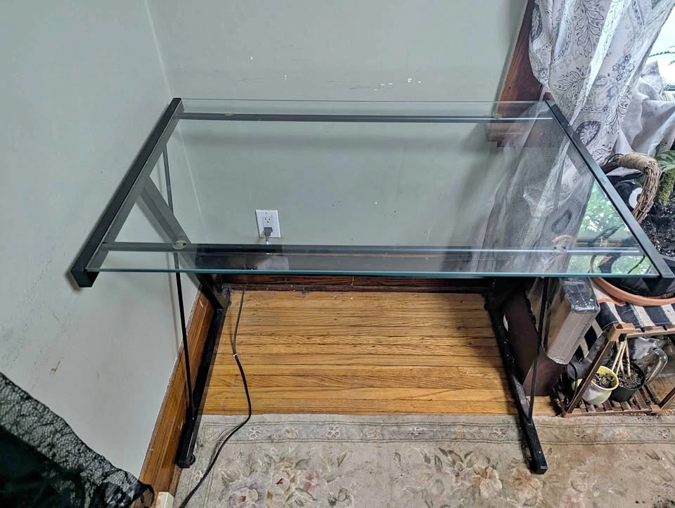Glass Top Desk with Black Metal Frame