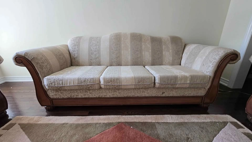 Traditional Floral Striped Sofa with Wood Trim - photo 2