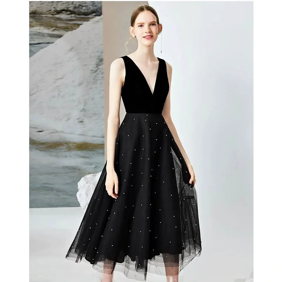New Black Velvet Midi Dress