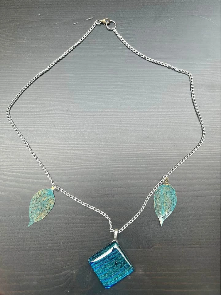 Blue Dichroic Glass Pendant Necklace with Leaf Accents