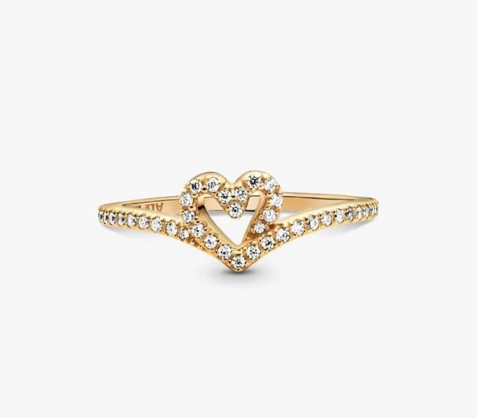 14k Gold plated Pandora Sparkling Wish Heart Ring size 7 54mm - photo 2