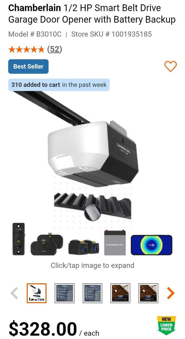 1/2 HP Smart Belt Drive Garage Door Opener w/ Battery backup