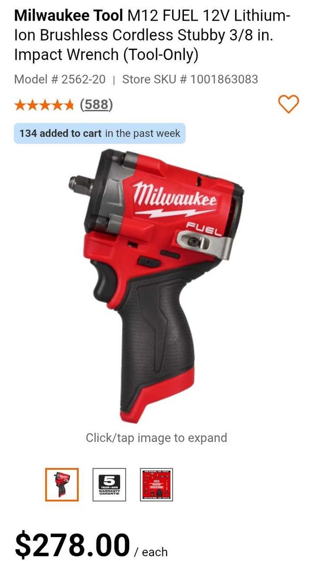 M12 FUEL 12V Brushless Cordless Stubby 3/8 inch Impact Wrench