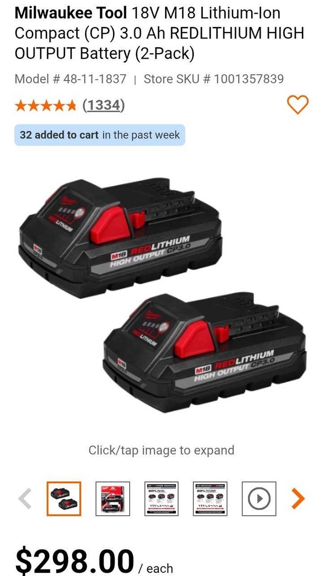 18v M18 Compact 3.0 ah REDLITHIUM HIGH OUTPUT Battery 2-pack