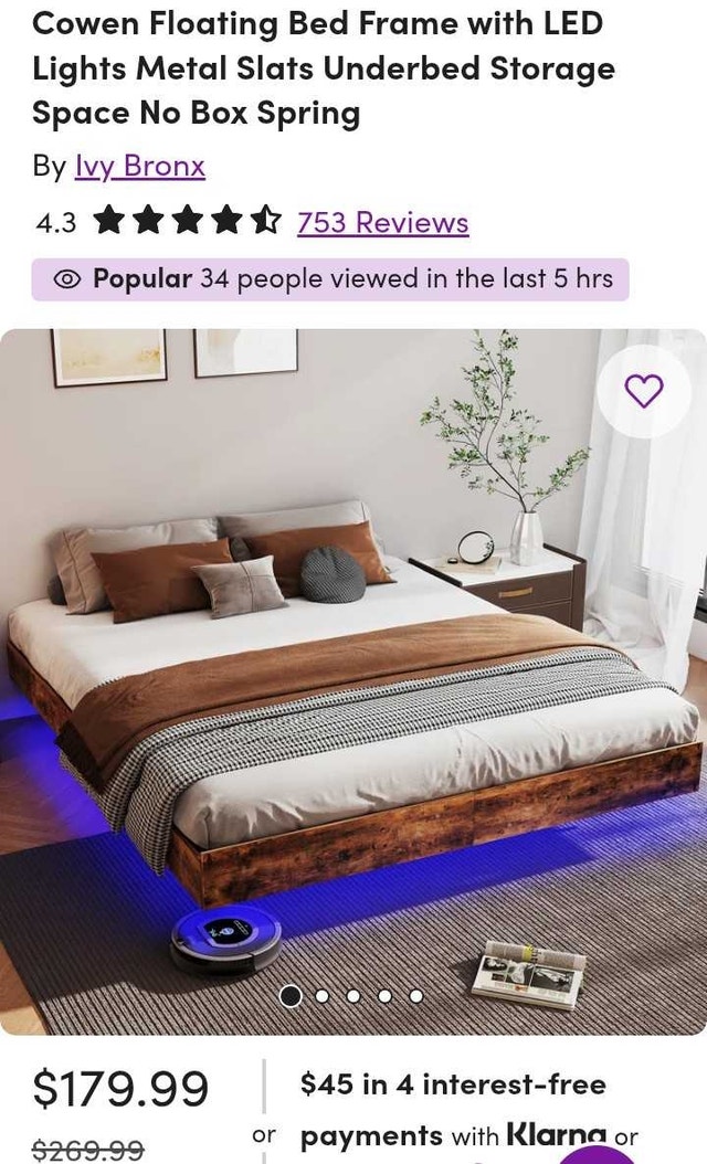 Floating Bed Frame with LED Lights and Storage