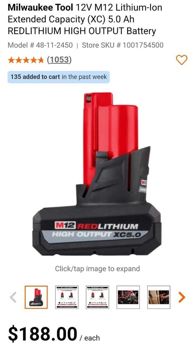 12v M12 Extended Capacity XC 5 ah REDLITHIUM Battery