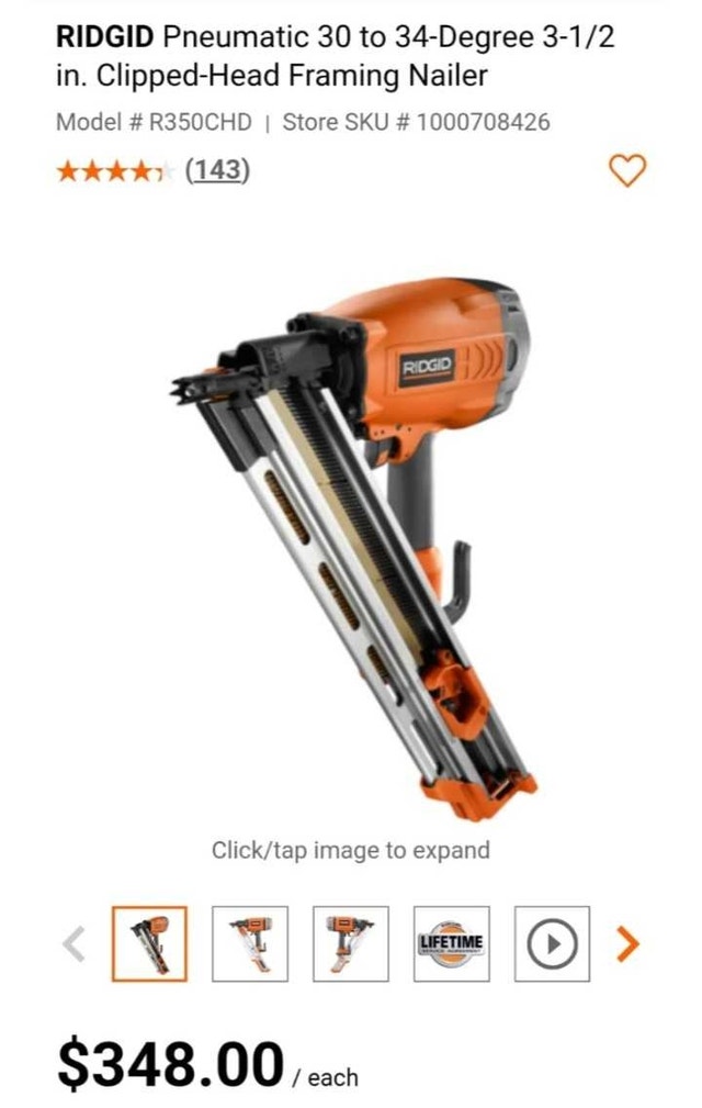 Pneumatic 30 to 34 degree 3-1/2 inch Clipped Head Framing Nailer