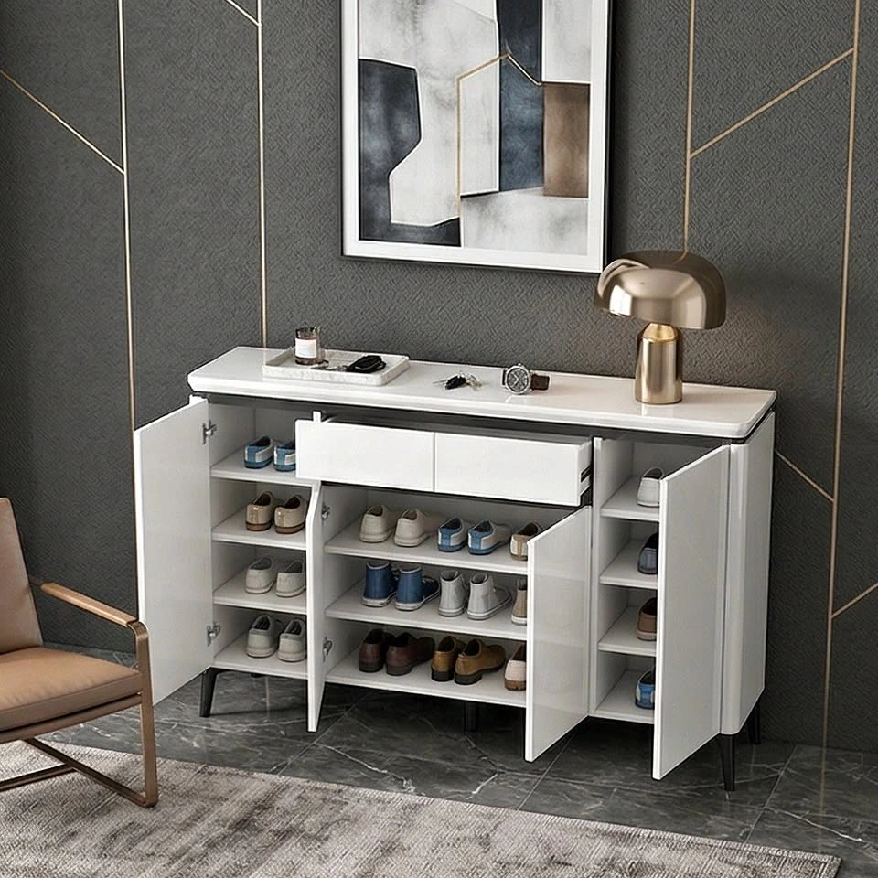 Cream-Style Lacquer Shoe Cabinet - Elegant Entryway Storage