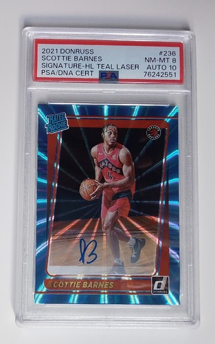 2021 Donruss Scottie Barnes Holo Teal Laser RC PSA 8 AUTO 10