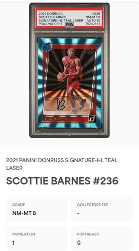 2021 Donruss Scottie Barnes Holo Teal Laser RC PSA 8 AUTO 10 - photo 3