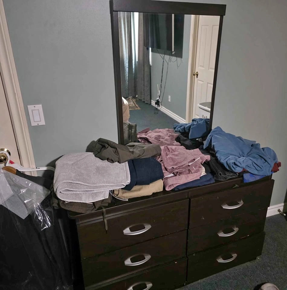 Dark brown 6-drawer dresser and attached mirror