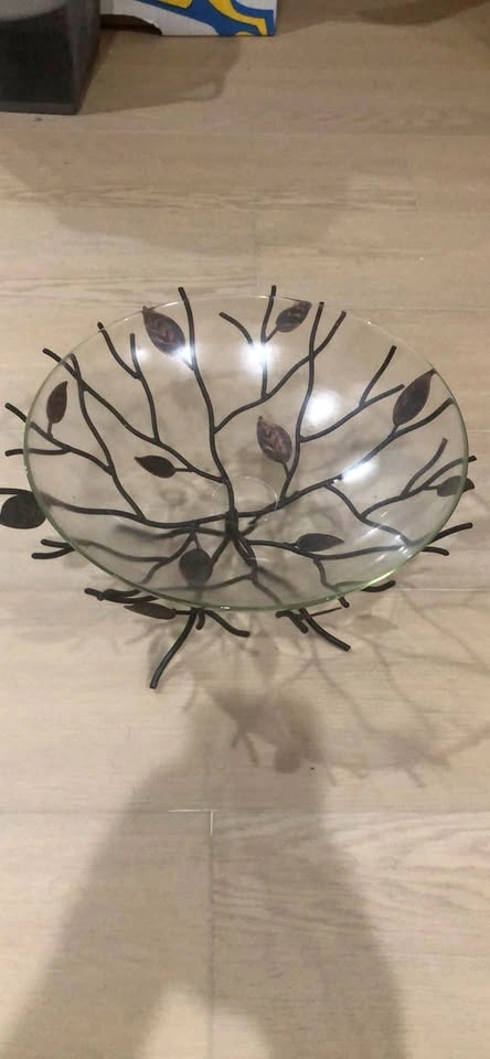 Decorative Glass Bowl with Wrought Iron Branch Stand