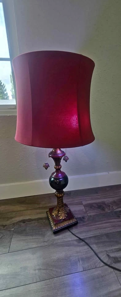 Antique Style Table Lamp with Wooden Base & Maroon Shade