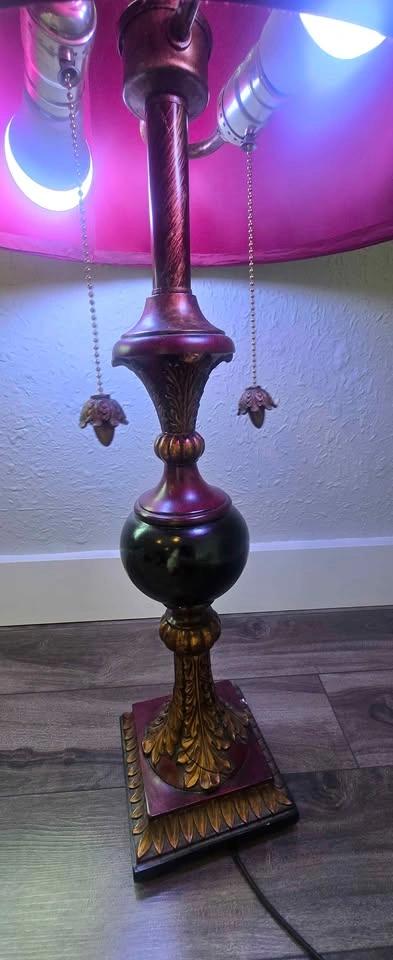 Antique Style Table Lamp with Wooden Base & Maroon Shade - photo 2
