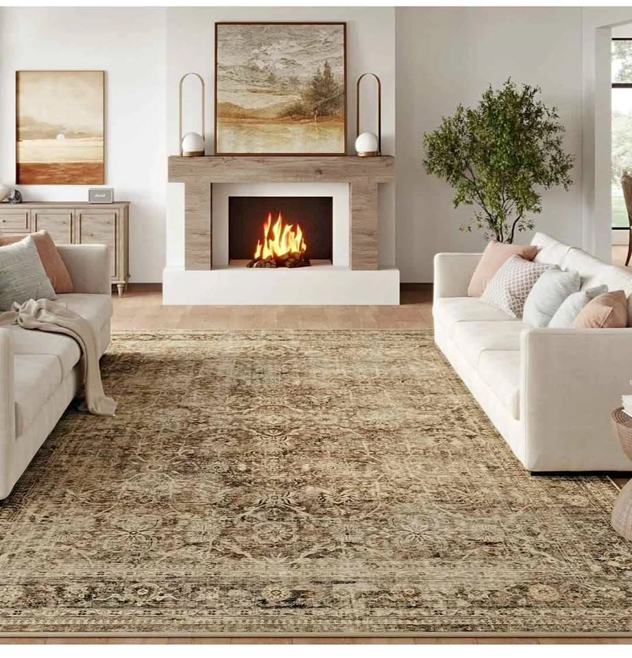 10x12 Washable Brown Neutral Vintage Area Rug