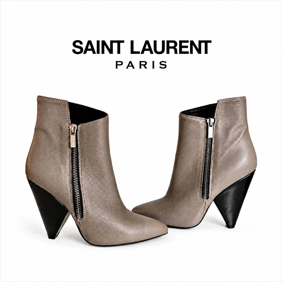 YSL Saint Laurent Paris Grey Leather Ankle Booties EU 35