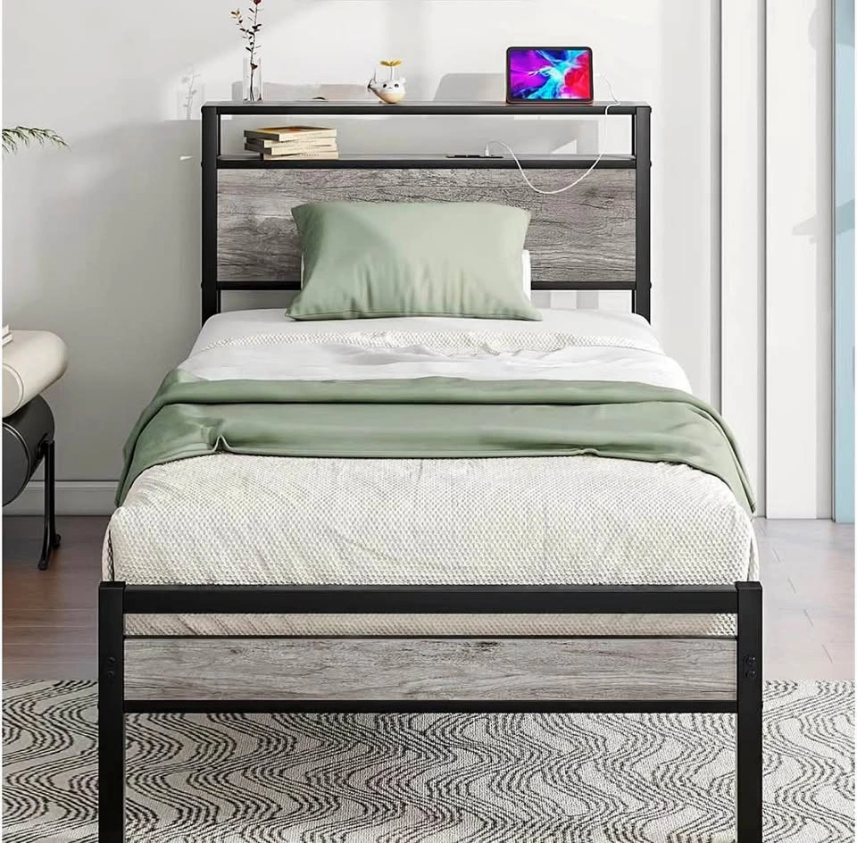 Twin Bed Frame with Storage Headboard & USB Charging Station