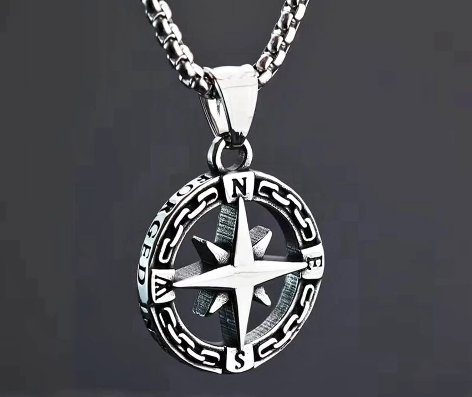 Unisex Compass Necklace Stainless Steel Chain 22”