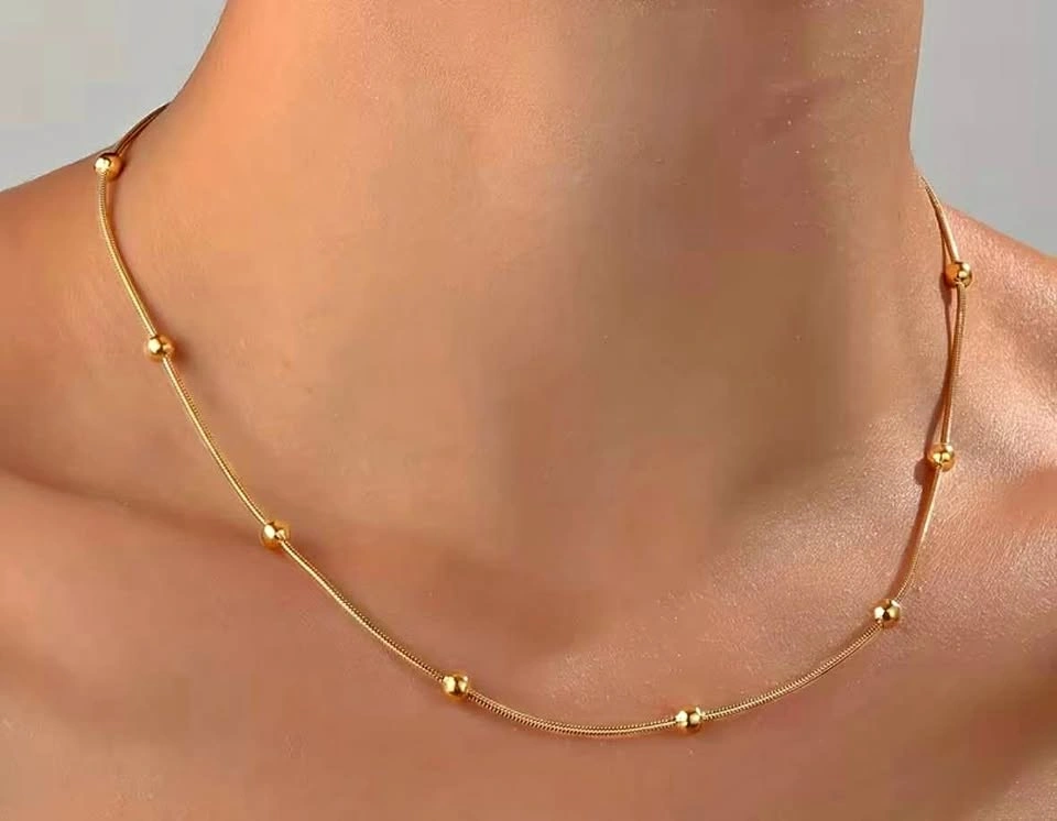 Beaded Snake Chain 16” 18K Gold Plated Stainless Steel
