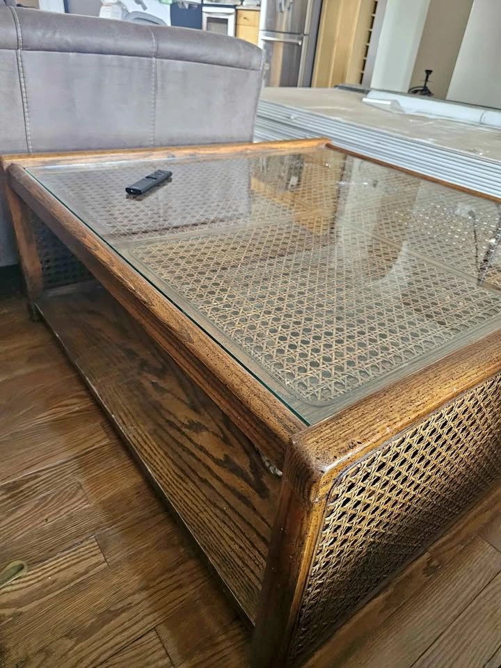 Vintage Oak and Cane Coffee Table and End Table Set