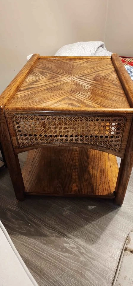 Vintage Oak and Cane Coffee Table and End Table Set - photo 4