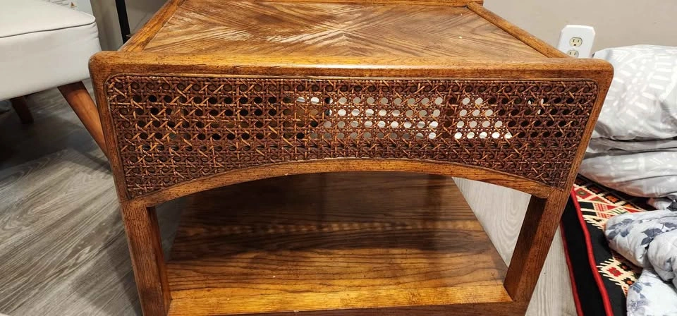 Vintage Oak and Cane Coffee Table and End Table Set - photo 5