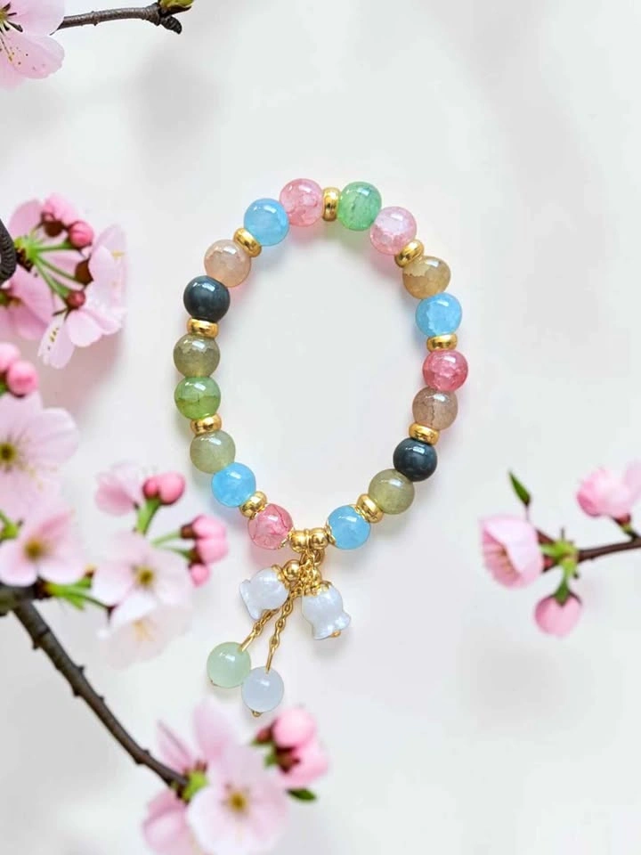 Colourful Pastel Beaded Bracelet w/ Gold Spacers & Lily Charms